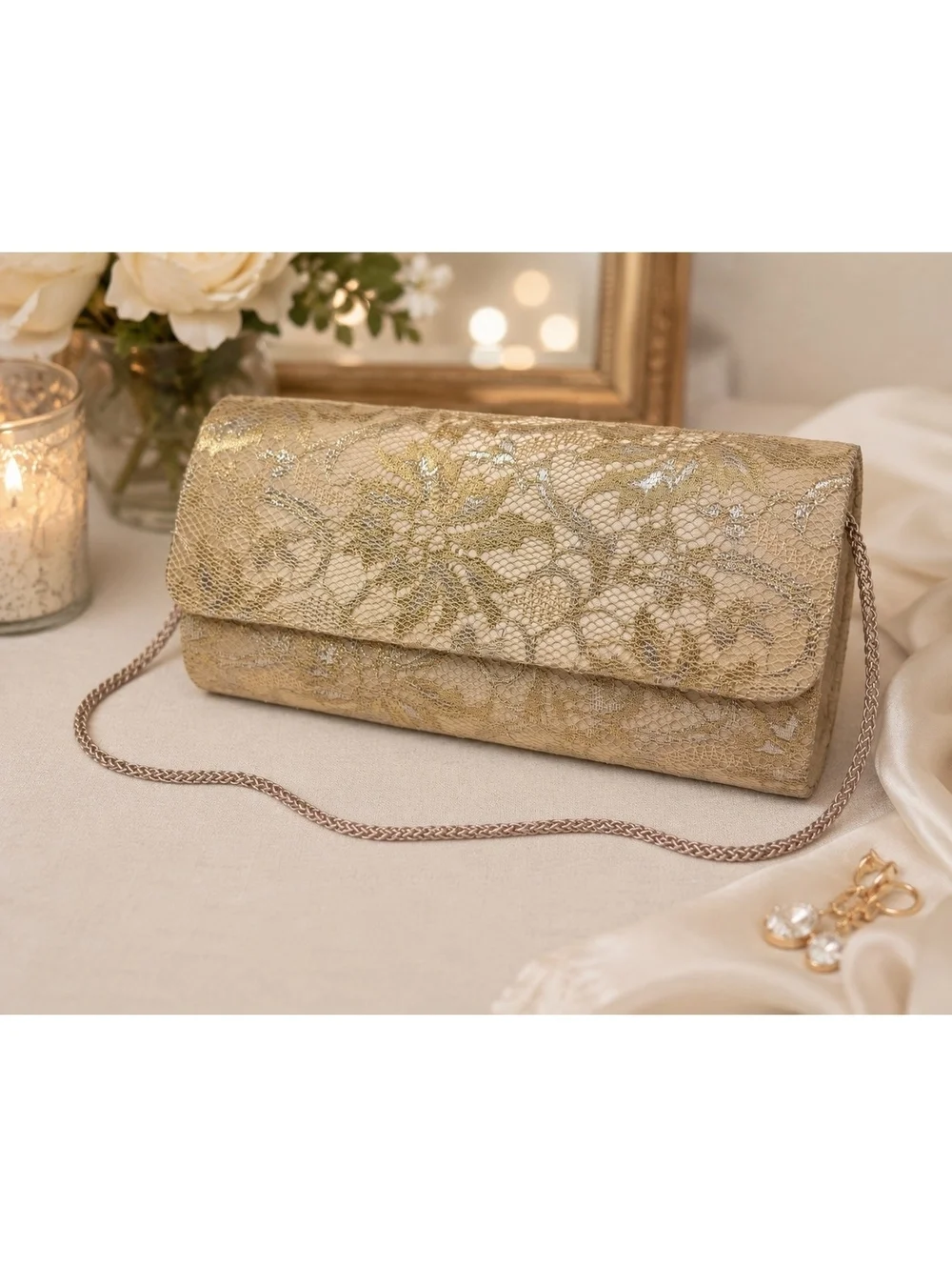 Vintage Gold Metallic Lace Evening Clutch Purse Chain Strap Formal Handbag